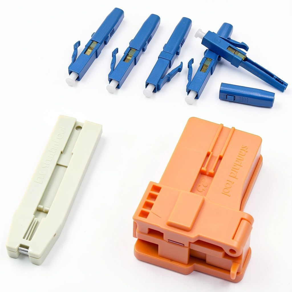 Installing LC UPC fiber optic connector with matched tools on a wooden desk